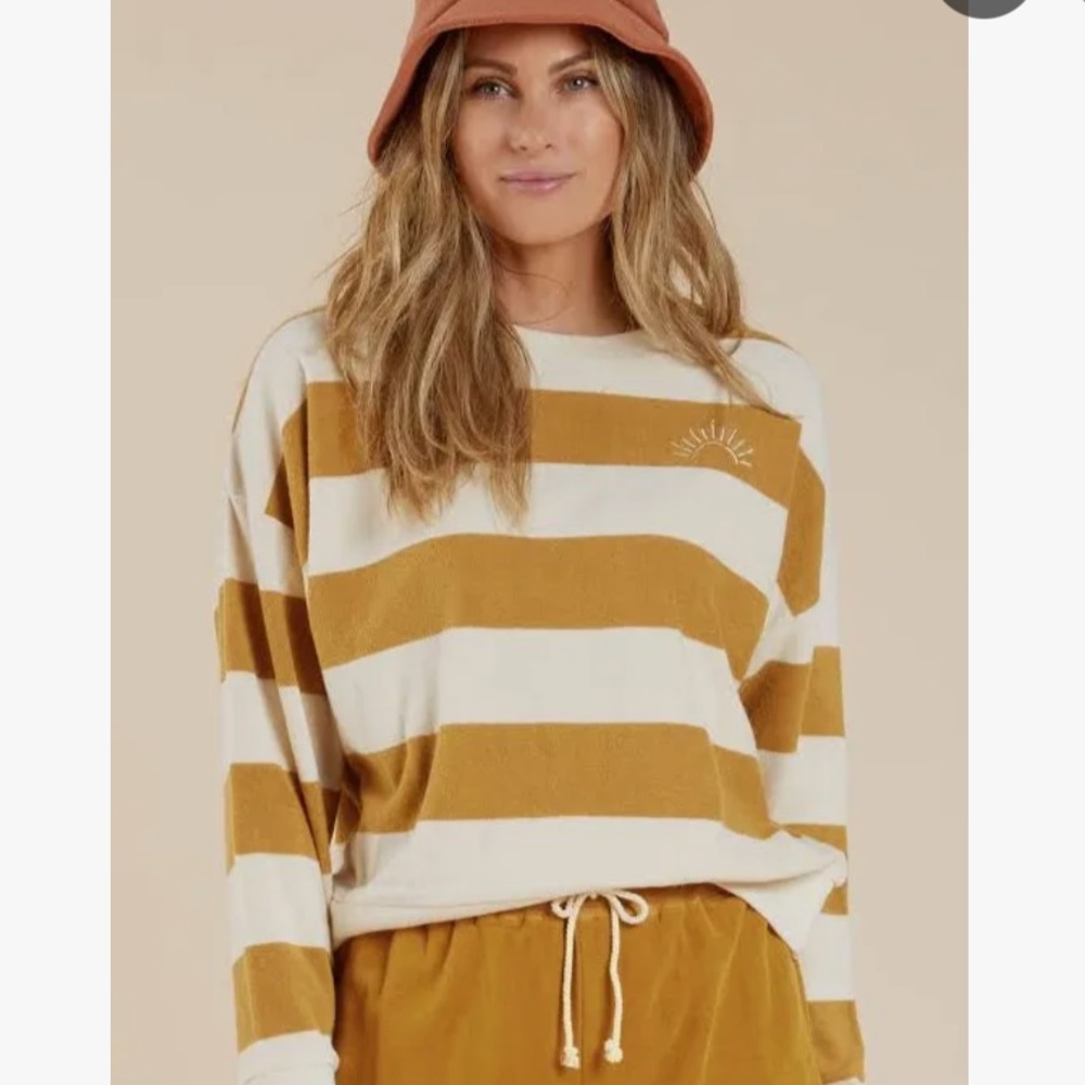 Rylee + Cru Mustard and Cream Striped Pullover Sweatshirt